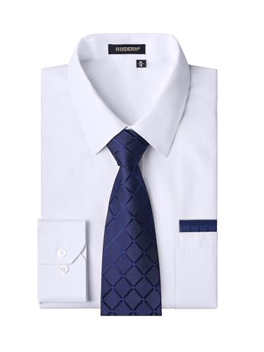 HISDERN Herren Hemd Weiß Langarm Einfarbige Hemden mit Krawatte und Taschentuch Formelle Businesshemd Hochzeit Freizeithemd mit Tasche Regular Fit XL von HISDERN