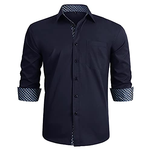 Marineblaues Hemd Herren Hemd mit klassischem Kragen Lässig Formal Button-Down Regular Fit Hemden Langarm Plaid von HISDERN