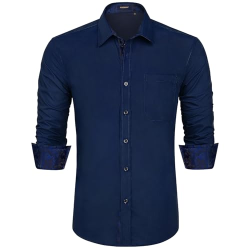 HISDERN Herren-Hemd langärmelig formell einfarbig lässig bügelfrei Business-Klassiker mit Tasche Blau M von HISDERN