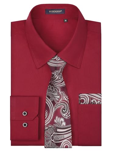 HISDERN Herren Hemd mit Krawatte Set Burgunder Hemd Langarm Formelle Unifarben Business Herrenhemden Regular Fit 3XL von HISDERN
