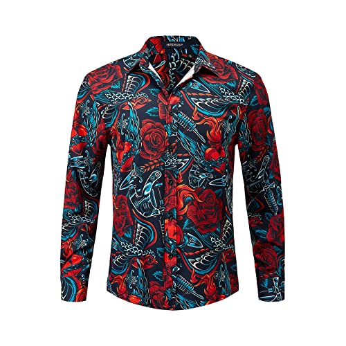 HISDERN Herren Hemd mit Muster, Freizeithemden Langarm Button Down Regular Fit Funky Shirt Für Party Festival Urlaub Männer Print Shirt,Rot Und Grün,M von HISDERN