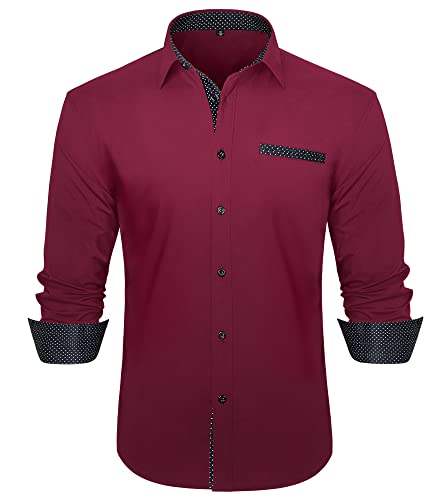 HISDERN Herren Hemd Dunkelrot Langarmhemd Herrenhemd Oberhemd Regular Fit Hemden Elegante Formal Freizeithemden Für Die Party Hochzeit Freizeit Shirt,Burgunderrot,L von HISDERN