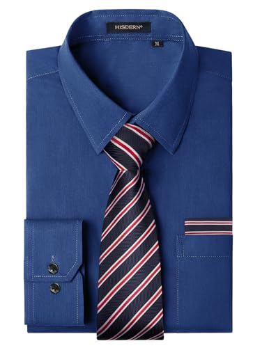 HISDERN Herren Hemden Langarm Dunkelblau Hemd mit Krawatte Formelle Business Hochzeit Freizeithemden für Männer Regular Fit M von HISDERN