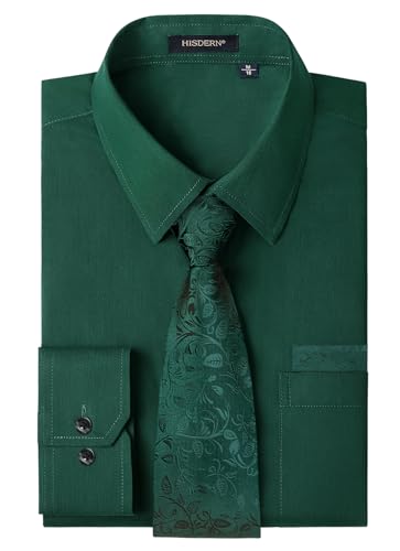 HISDERN Herren Hemden Langarm Dunkelgrün Business Hemd mit Krawatte Regular Fit Unifarben Herrenhemd mit Brusttasche für Hochzeit M von HISDERN