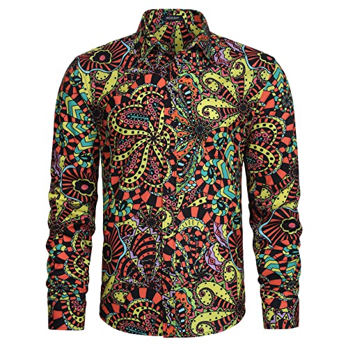 HISDERN Herren Hippie Hemd Langarm Blumen Paisley Freizeithemd Funky Muster Hemden Casual Floral Shirts M von HISDERN