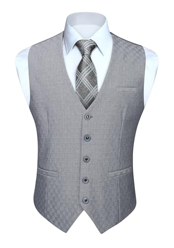 HISDERN Herren Hochzeit Anzugweste Formale Party Weste Elegant Retro Business Anzugweste Baumwolle Einfarbig Weste mit Taschen Hellgrau L von HISDERN