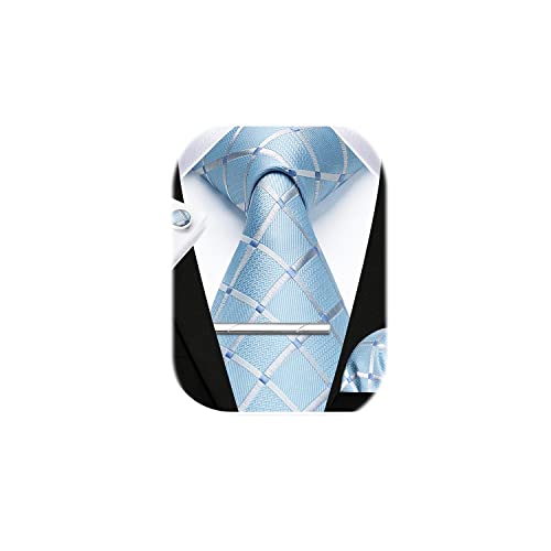 HISDERN Herren Hochzeit Hellblau Krawatten und Einstecktuch Krawatte Plaid Manschettenknöpfe-Krawattenklammer-Set von HISDERN