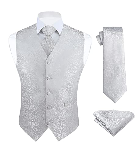 HISDERN Herren Hochzeit Paisley Weste Floral Weste Jacquard Krawatte Einstecktuch Hochzeit Party Fit Weste Anzug Set Silber Grau 3XL von HISDERN