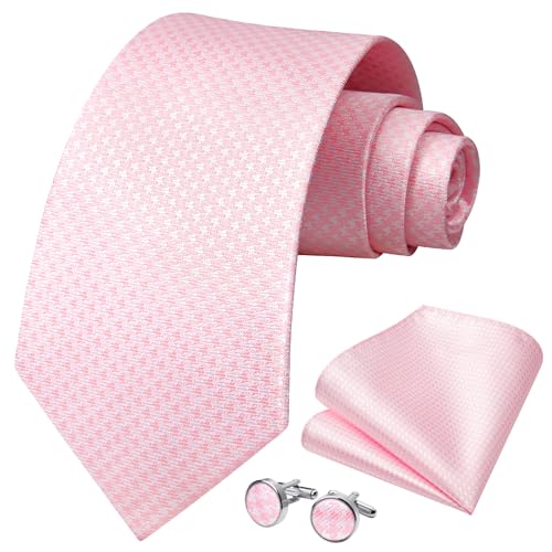 HISDERN Herren Krawatte Hochzeit Rosa Krawatten Taschentuch Blumen Elegant Klassisch Krawatte Manschettenknöpfe Set von HISDERN