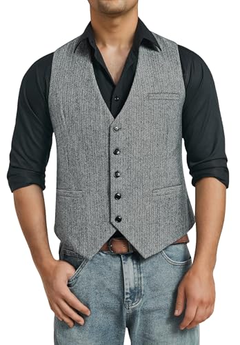 HISDERN Anzugwesten für Herren Tweed Weste Grau Vintage Fischgrätmuster Wolle Anzug Westen für Casual Business Hochzeit L von HISDERN