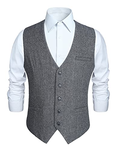 HISDERN Herren Hochzeitsweste Klassische Wolle Formelle Anzugweste Solide Fischgrät Tweed Basic Weste für Herren Grau XL von HISDERN