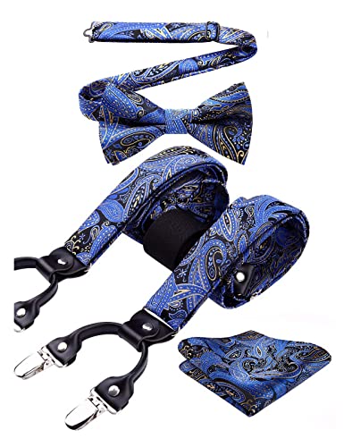 HISDERN Herren Hosenträger Blau Paisley Hosenträger Fliege Set und Einstecktuch Klassische Verstellbar Y Form Mit 6 Stark Clips Braces One Size von HISDERN