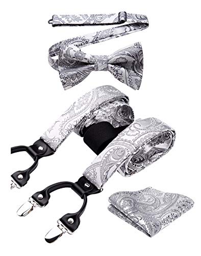 HISDERN Grau Hosenträger und Fliege Set Herren Blumen Paisley Einstecktuch Y Style hosenträger mit 6 Clips Einstellbar für Hochzeit Anzug von HISDERN