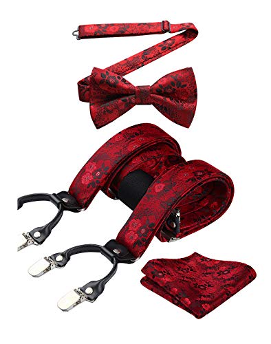 HISDERN Rot Hosenträger und Fliege Set Herren Blumen Paisley Einstecktuch Y Style hosenträger mit 6 Clips Einstellbar für Hochzeit Anzug von HISDERN