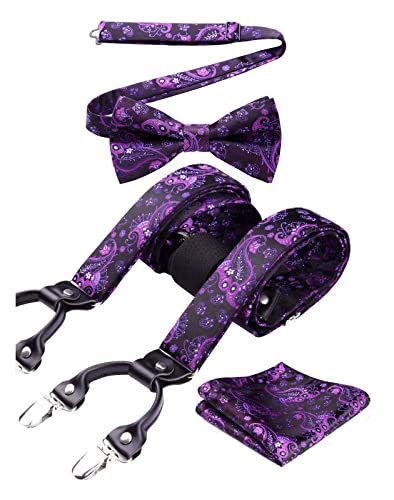 HISDERN Herren Hosenträger Violett Paisley Hosenträger Fliege Set und Einstecktuch Klassische Verstellbar Y Form Mit 6 Stark Clips Braces One Size von HISDERN