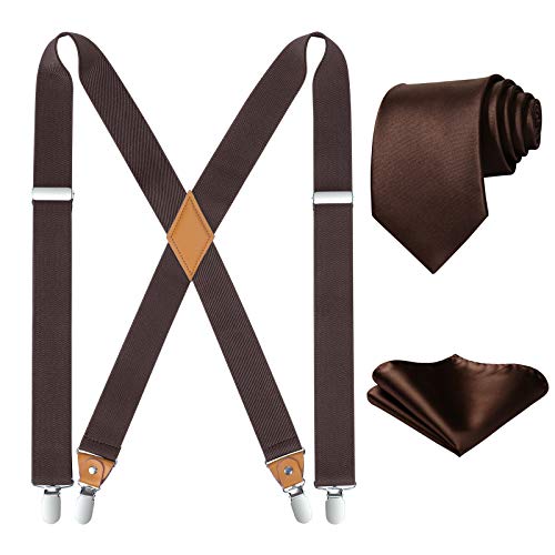 HISDERN Herren Hosenträger mit 4 Starken Metall Clips X Form Verstellbar Elastisch Hosenträger Krawatte und Einsteckuch Set Braun von HISDERN