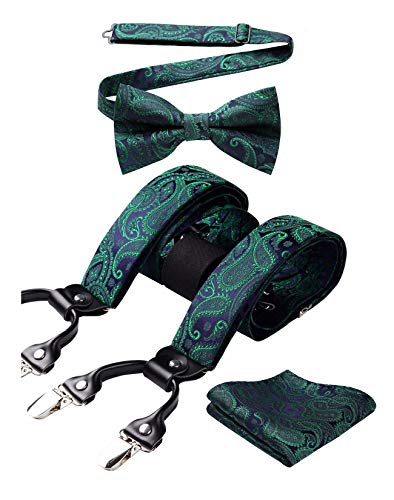 HISDERN Grün Hosenträger und Fliege Set Herren Blumen Paisley Einstecktuch Y Style hosenträger mit 6 Clips Einstellbar für Hochzeit Anzug von HISDERN