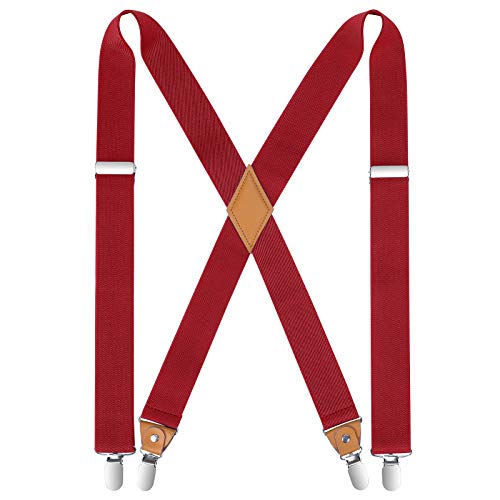 HISDERN Herren 3,5 cm breiter Hosenträger in X-Form mit sehr Starken 4 Metall Clip für Männer und Damen elastisch und verstellbar Rot von HISDERN