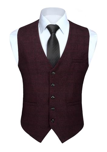 HISDERN Herren Karierte Weste formale klassische Weste Baumwolle Hochzeit Hahnentritt Anzug Westen Burgund L von HISDERN