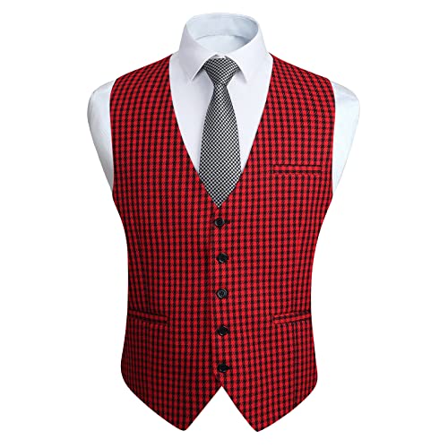 HISDERN Herren Karierte Weste formale klassische Weste Baumwolle Hochzeit Hahnentritt Anzug Westen Rot/Schwarz XS von HISDERN