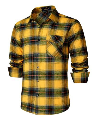 HISDERN Herren Karohemden Langarm Baumwollflanellhemd Button-Down Plaid Holzfällerhemd mit Tasche Regular Fit Gelb XL von HISDERN