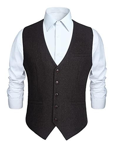 HISDERN Herren Klassische Anzugweste Weste für Hochzeit Formale Wolle Herringbone Tweed Solid Basic Weste für Business Herren Weste Dunkelbraun 3XL von HISDERN