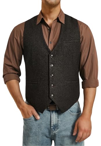 HISDERN Herren Westen Dunkel Braun Tweed Weste Vintage Fischgrätmuster Wolle Anzugwesten für Herren S von HISDERN