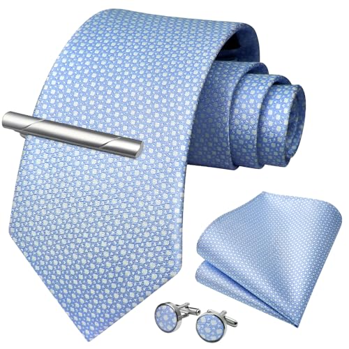 HISDERN Herren Krawatte Blau Hochzeit Seidenkrawatte und Einstecktuch Manschettenknöpfe Krawattenklammer Set Formal Business von HISDERN