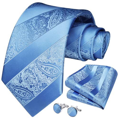 HISDERN Herren Krawatte Blau Paisley mit Krawatte & Einstecktuch Manschettenknopf Set Krawatten für Herren Blumen Paisley für Feierliche Hochzeit, Blau von HISDERN