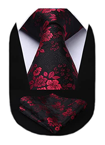 HISDERN Herren Krawatte Blumen Paisley Hochzeit Party Classic Krawatten & Einstecktuch Set Rot/Schwarz von HISDERN