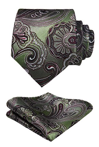 HISDERN Herren Krawatte Blumen Paisley Krawatte & Einstecktuch Set Olive Grun Burgund von HISDERN