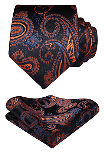 HISDERN Herren Krawatte Blumen Paisley Krawatte & Einstecktuch Set Schwarz Orange von HISDERN