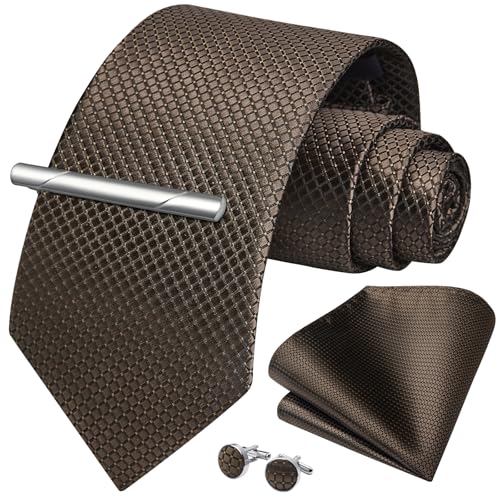 HISDERN Herren Krawatte Braun Hochzeit Seidenkrawatte und Einstecktuch Manschettenknöpfe Krawattenklammer Set Formal Business von HISDERN