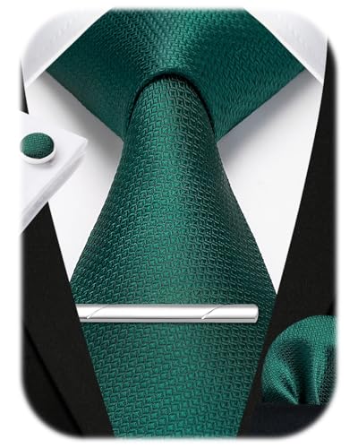 HISDERN Herren Krawatte Dunkelgrün Hochzeit Seidenkrawatte und Einstecktuch Manschettenknöpfe Krawattenklammer Set Formal Business von HISDERN