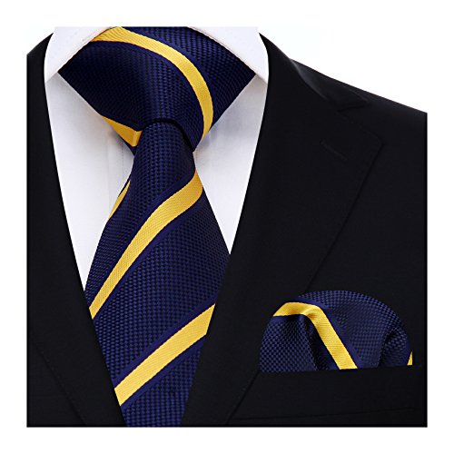 HISDERN Herren Krawatte Gestreifte Hochzeit Krawatte & Einstecktuch Set Gelb & Navy & Schwarz von HISDERN