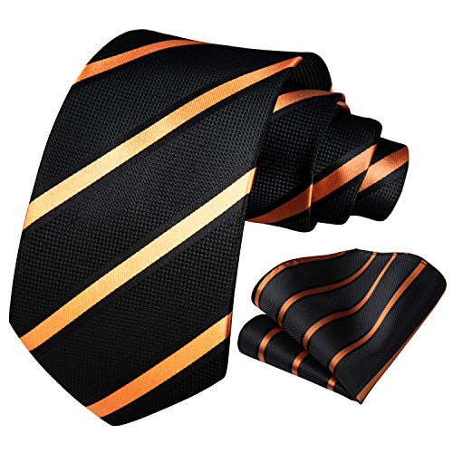 HISDERN Herren Krawatte Gestreifte Hochzeit Krawatte & Einstecktuch Set Orange und Schwarz von HISDERN