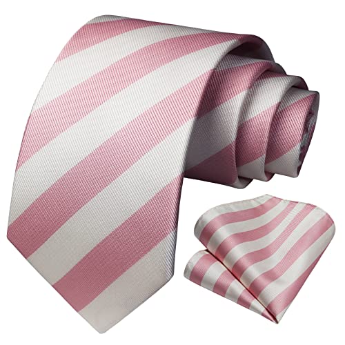 HISDERN Herren Krawatte Gestreifte Hochzeit Krawatte & Einstecktuch Set Rosa/Weiß von HISDERN