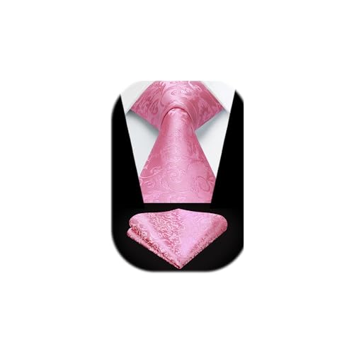 HISDERN Herren Krawatte Hochzeit Rosa Paisley Krawatten Taschentuch Blumen Elegant Klassisch Krawatte & Einstecktuch Set von HISDERN