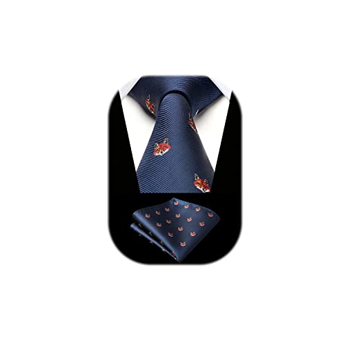 HISDERN Herren Krawatte Marineblau Fuchsmuster Hochzeit Krawatte für Herren Klassische Business-Krawatte und Einstecktuch Set von HISDERN