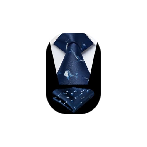 HISDERN Herren Krawatte Marineblau Walfisch Muster Hochzeit Krawatte für Herren Klassische Business-Krawatte und Einstecktuch Set von HISDERN