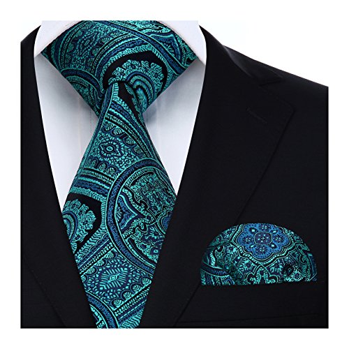 HISDERN Herren Krawatte Paisley Blumen Hochzeit Krawatte & Einstecktuch Set Aqua & Gr¨¹n von HISDERN