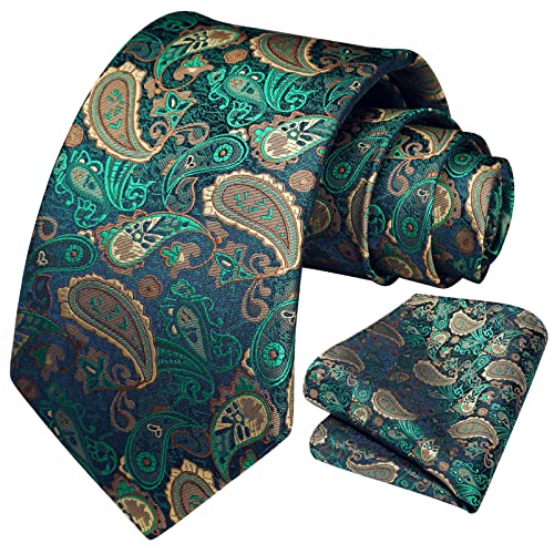 HISDERN Herren Krawatte Paisley Krawatten für Hochzeits Feier Krawatte und Einstecktuch Set Grün von HISDERN
