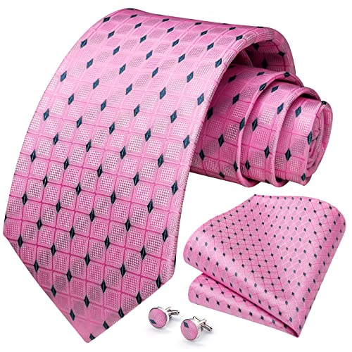 HISDERN Herren Krawatte Pink Plaid mit Krawatte & Einstecktuch Manschettenknopf Set Krawatten für Herren Plaid für Feierliche Hochzeit Geschäft, Baby Pink von HISDERN