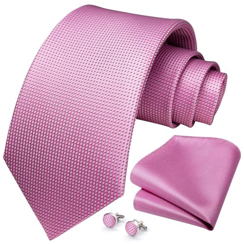 HISDERN Herren Krawatte Pink Plaid mit Krawatte & Einstecktuch Manschettenknopf Set Krawatten für Herren Plaid für Feierliche Hochzeit Geschäft, Pink von HISDERN