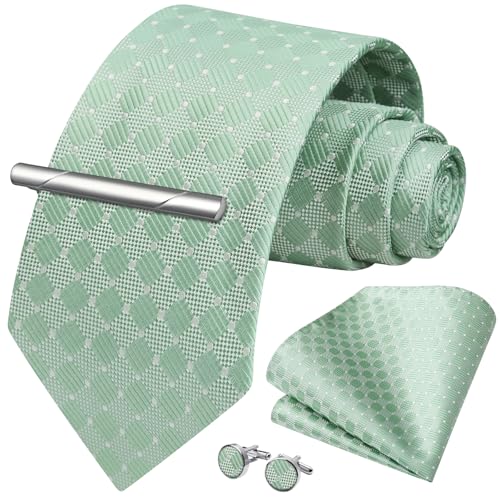 HISDERN Herren Krawatte Salbeigrün Hochzeit Seidenkrawatte und Einstecktuch Manschettenknöpfe Krawattenklammer Set Formal Business von HISDERN