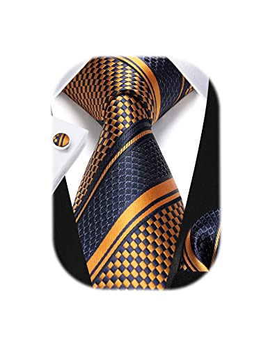 HISDERN Herren Krawatte Schwarz Gold Streifen mit Krawatte & Einstecktuch Manschettenknopf Set Paisley Krawatten für Herren Schwarz von HISDERN