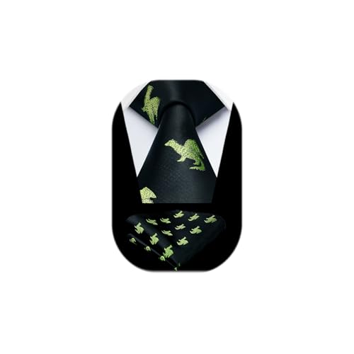 HISDERN Herren Krawatte Schwarze Dinosaurier Muster Hochzeit Krawatte für Herren Klassische Business-Krawatte und Einstecktuch Set von HISDERN