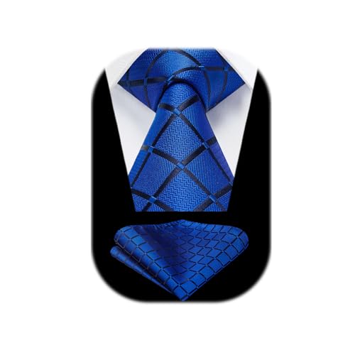 HISDERN Herren Krawatte Taschentuch Check Blau Krawatte & Einstecktuch Set für Formell Hochzeit von HISDERN