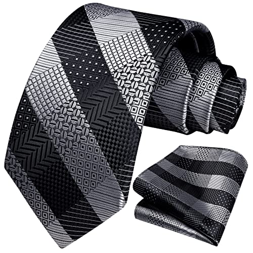 HISDERN Herren Krawatte Taschentuch Check Krawatte & Einstecktuch Set Schwarz Grau von HISDERN