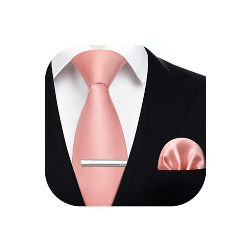 HISDERN Krawatte für Herren Rosa - Krawatte mit Einstecktuch Krawattenklammer Hochzeit Einfarbig Seide Krawatten und Taschentuch Set für Männer von HISDERN